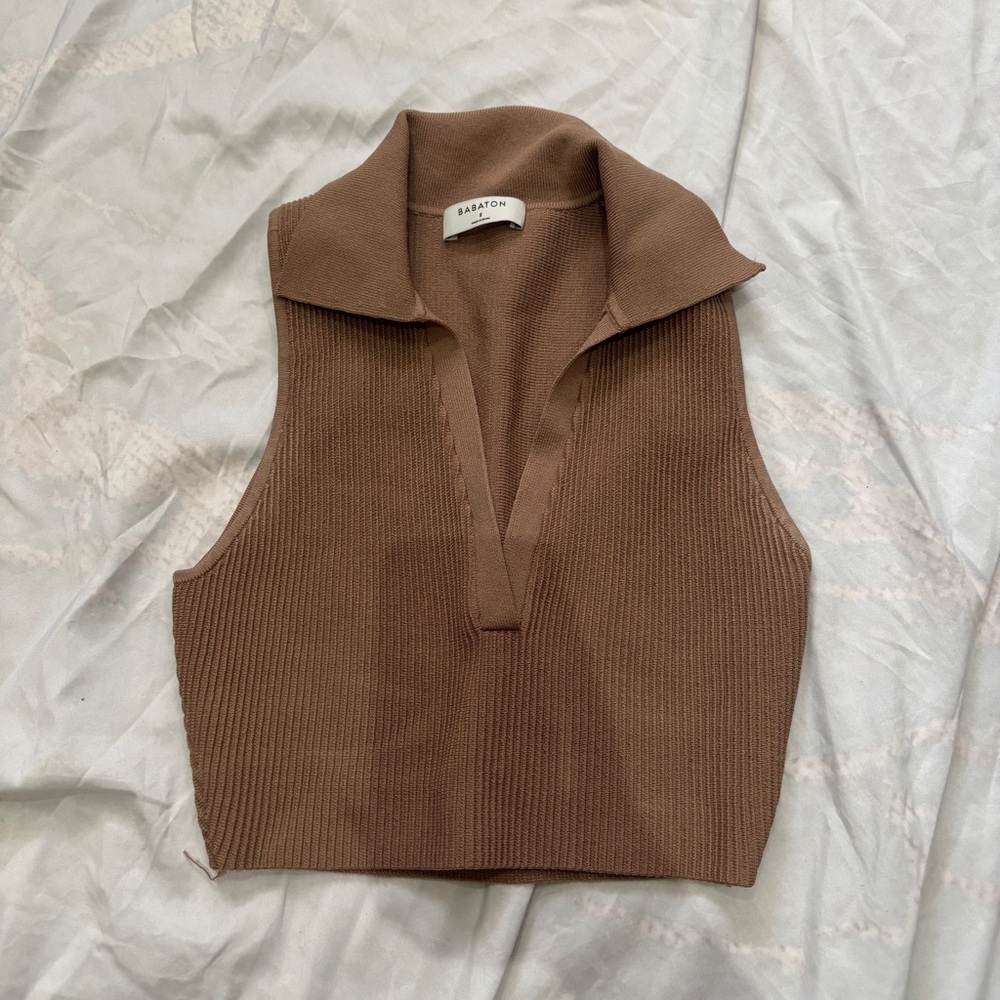 Babaton Brown Ribbed V‑Neck Sleeveless Sweater